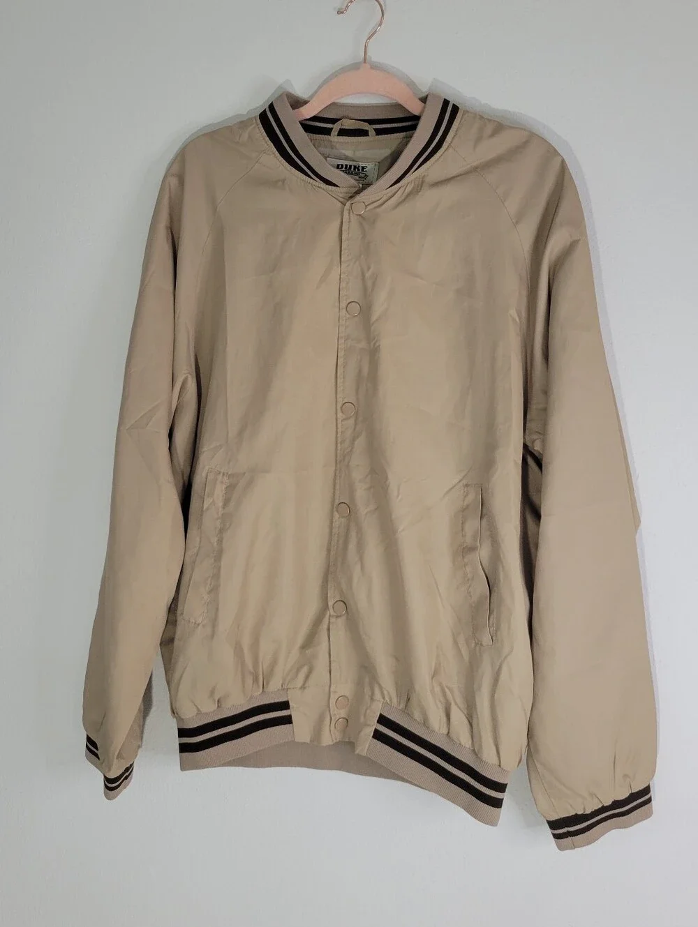 Duke Men's Beige Bomber Jacket with Contrast Stripe Trim Size M